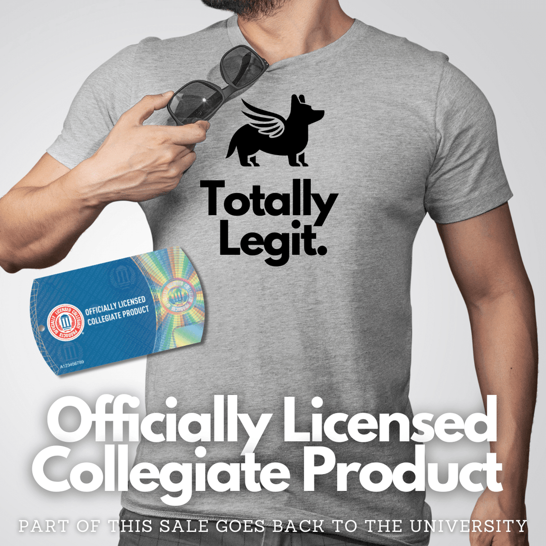 Nudge Printing "Officially Licensed Collegiate Product" graphic with male model wearing "Totally Legit" shirt.