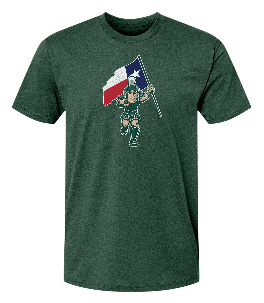 Green t-shirt with a graphic of a mascot holding a Texas flag on a white background