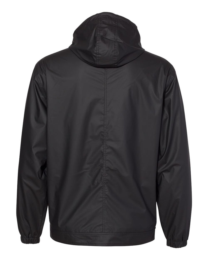 Backside of black Michigan State heavy hooded raincoat.