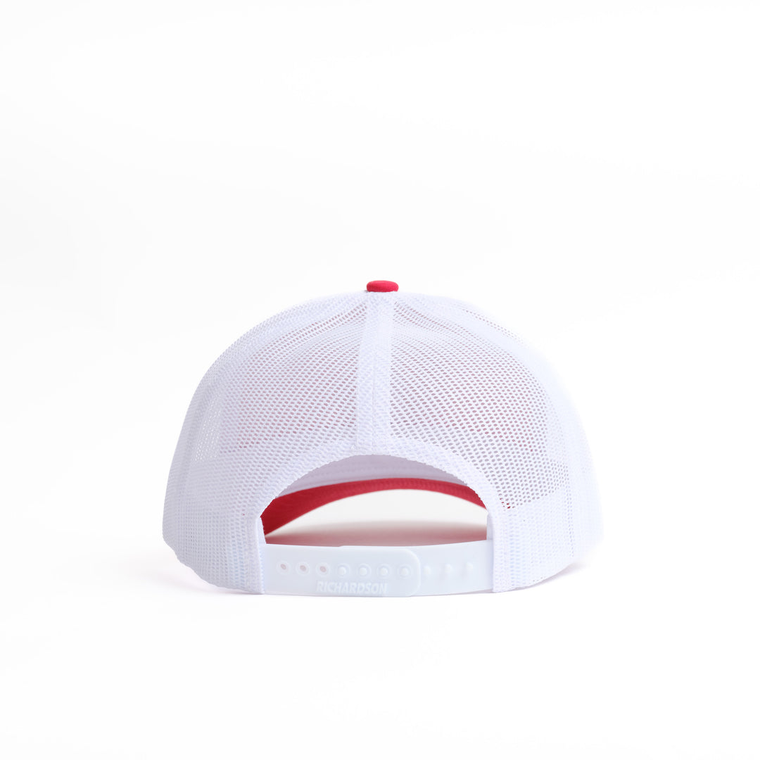 Back of Nudge Printing red and white trucker hat