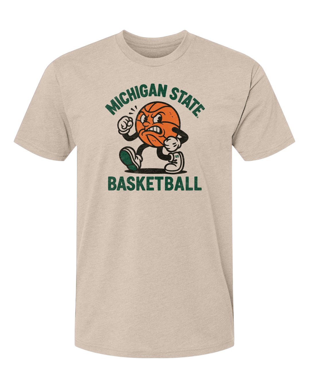 Cream colored Michigan State shirt with a retro Mr. Basketball character printed on the chest. 