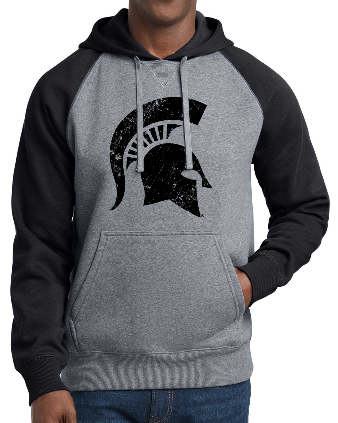 MSU Spartan Helmet Black and Grey Raglan Hoodie