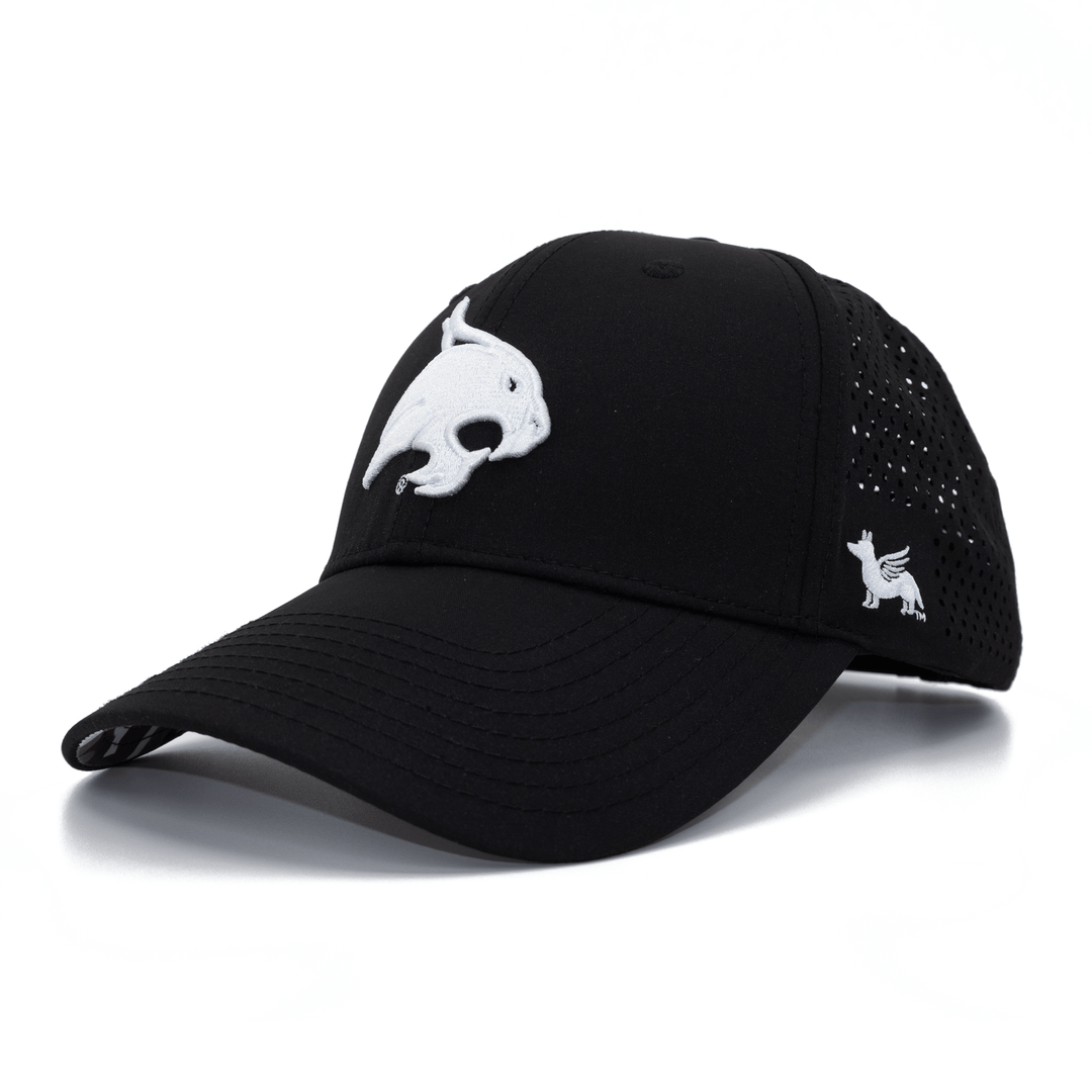 Angled view of a black Texas State hat with white Bobcat logo on the front and curved bill.