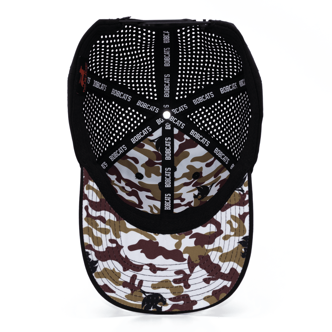 Inside view of a black Texas State hat with custom maroon and gold camo pattern printed under the bill and inside lining.
