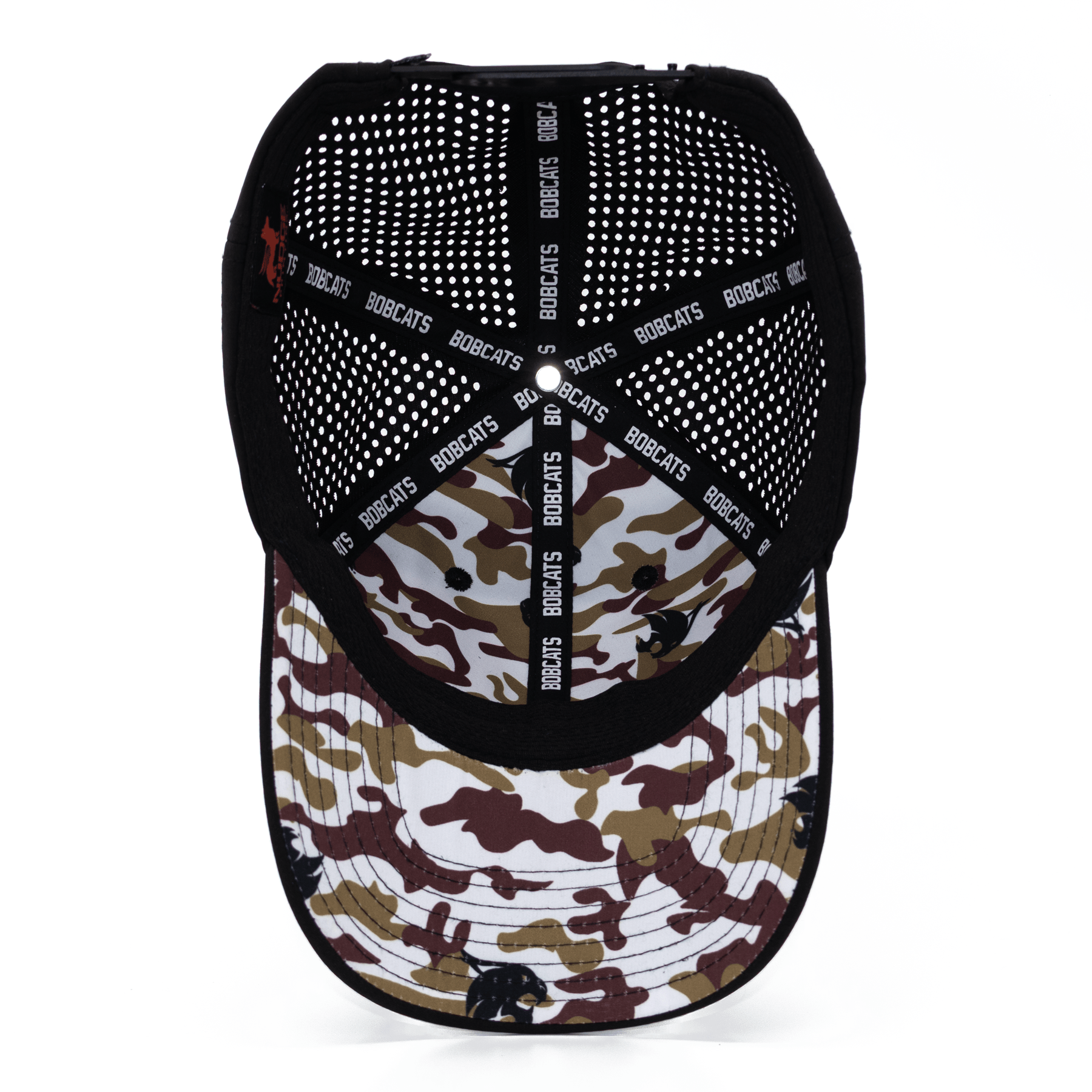 Inside view of a black Texas State hat with custom maroon and gold camo pattern printed under the bill and inside lining.