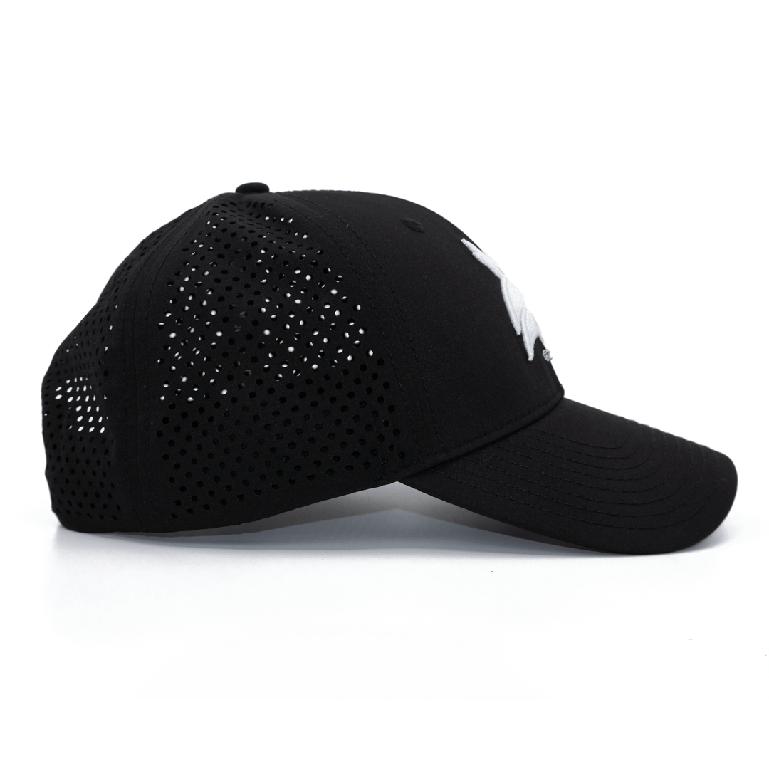 Right side view of black Texas State hat with white Bobcat and breathable laser cut back panels.