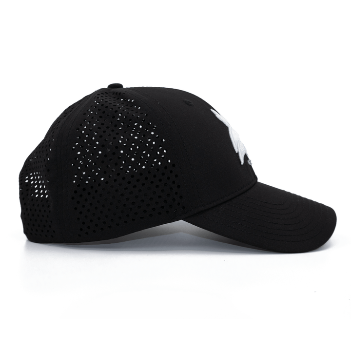 Right side view of black Texas State hat with white Bobcat and breathable laser cut back panels.