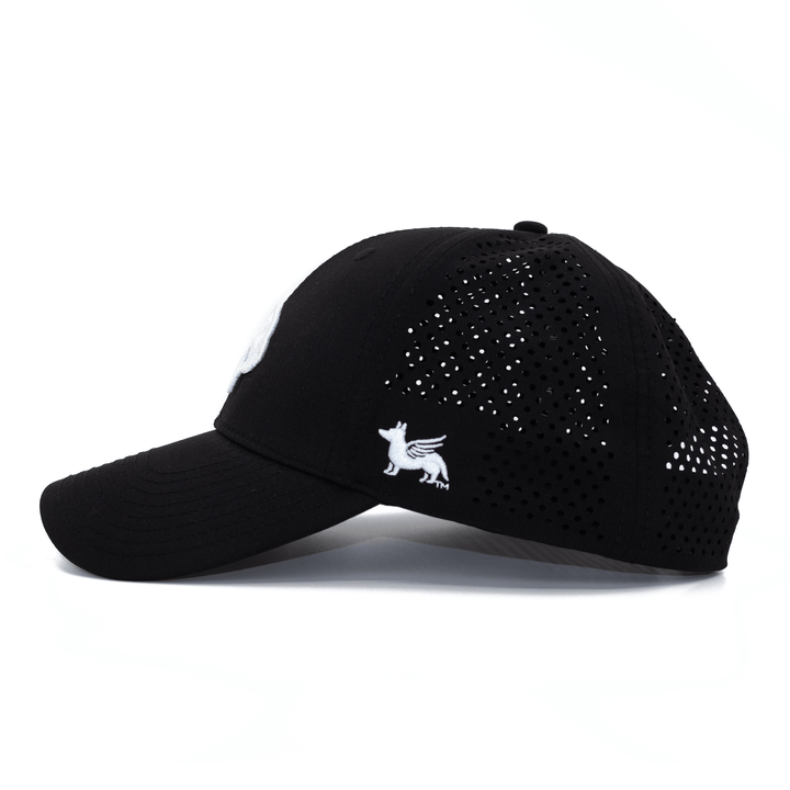 Left side view of black Texas State hat with breathable laser cut back panels