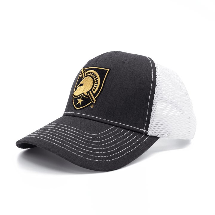 Angled view of grey and white West Point hat from Nudge Printing.