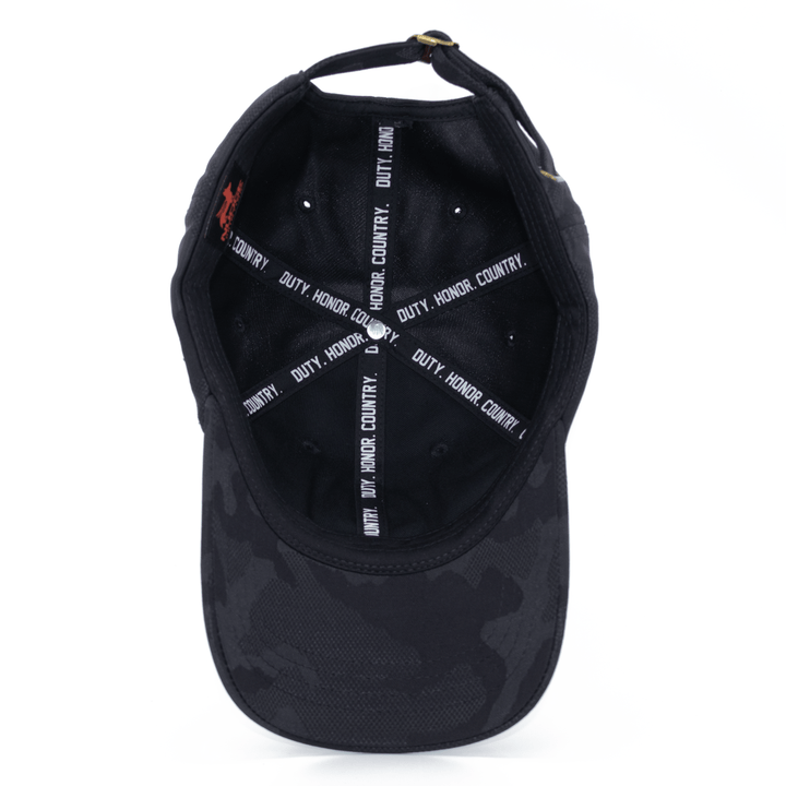 Inside view of black camo West Point hat with "Duty. Honor. Country." custom printed seam tape. 