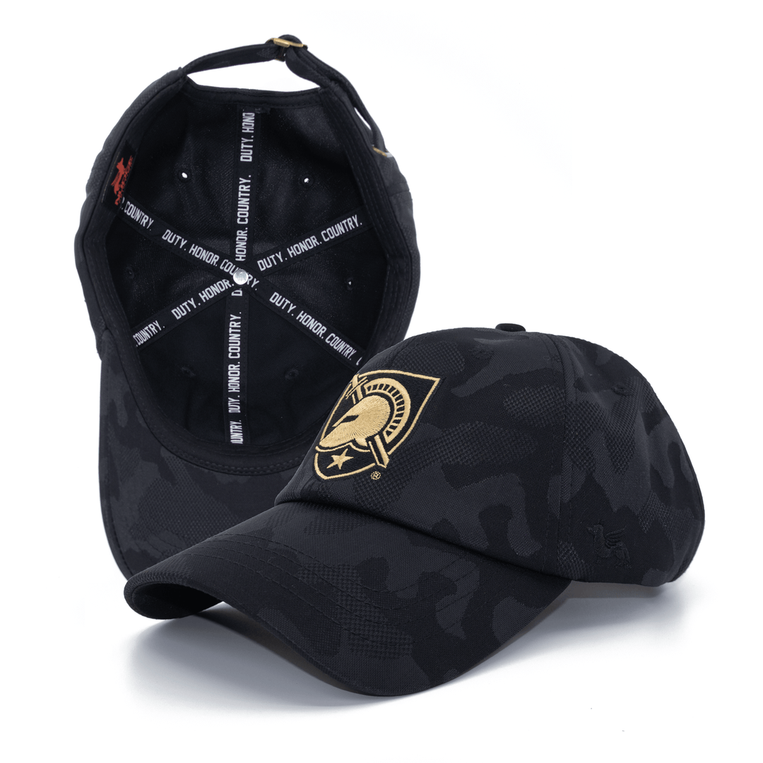 Black camo West Point hat featuring "Duty. Honor. Country." custom inside seam tape and embroidered logo on the front. 