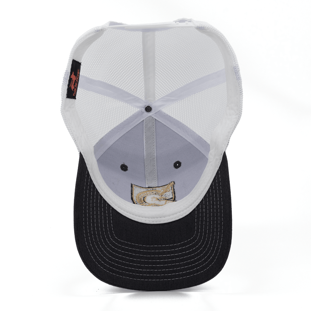 Inside view of a gray and white West Point hat for the Black Knights.