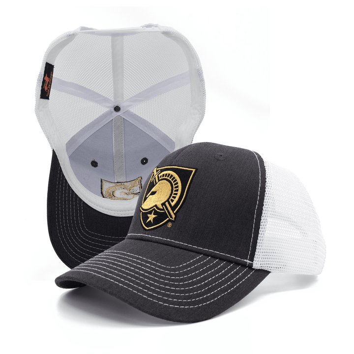 Grey and white West Point trucker hat with the Black Knights shield logo embroidered on the front.