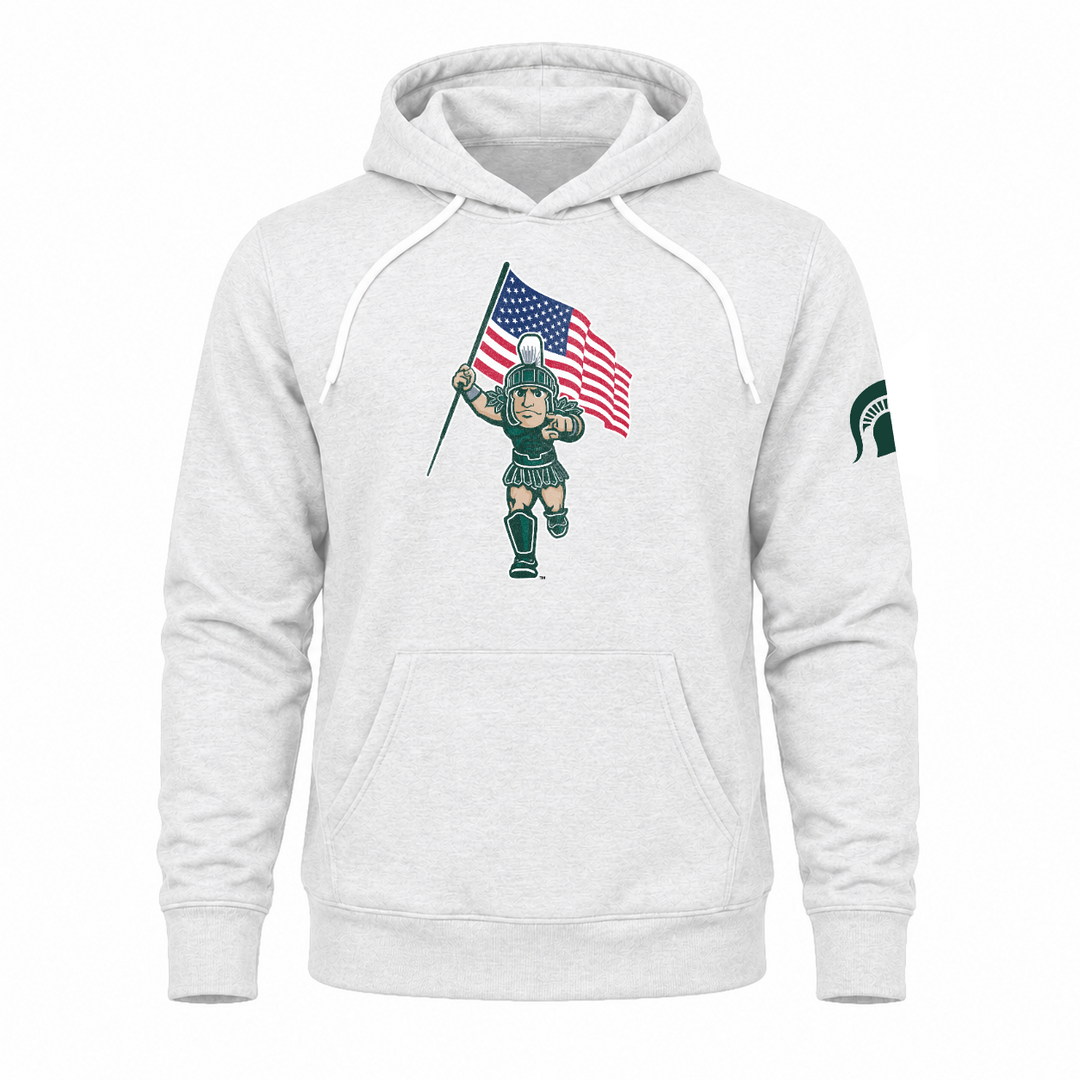 MSU Sparty with American Flag Ash White Hoodie