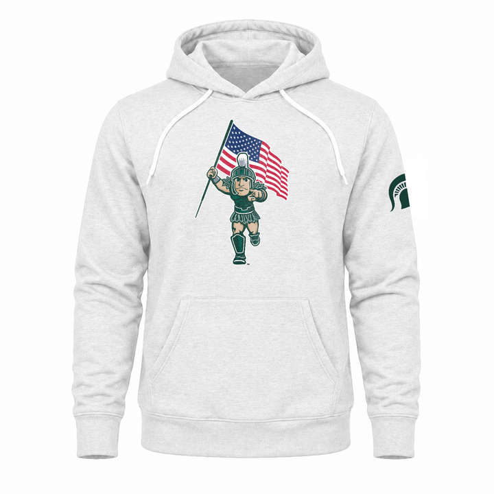 MSU Sparty with American Flag Ash White Hoodie