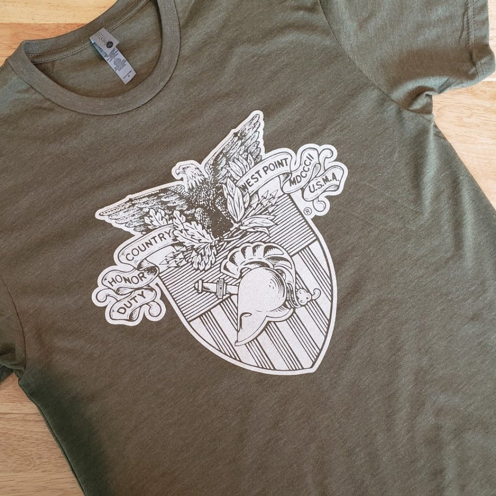 West Point Army White Shield Design on Army Green Shirt