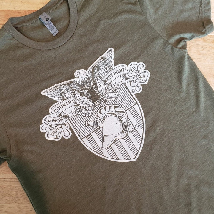 West Point Army White Shield Design on Army Green Shirt