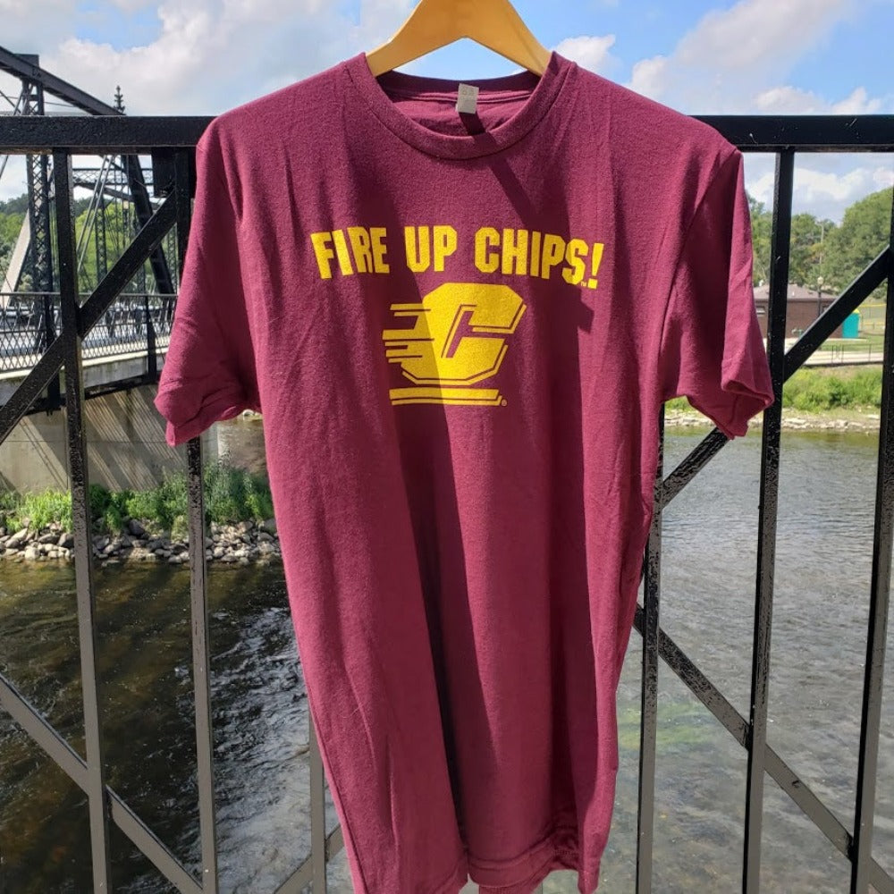 Central Michigan University Chippewas Fire Up Chips Maroon and gold t-shirt - Nudge Printing