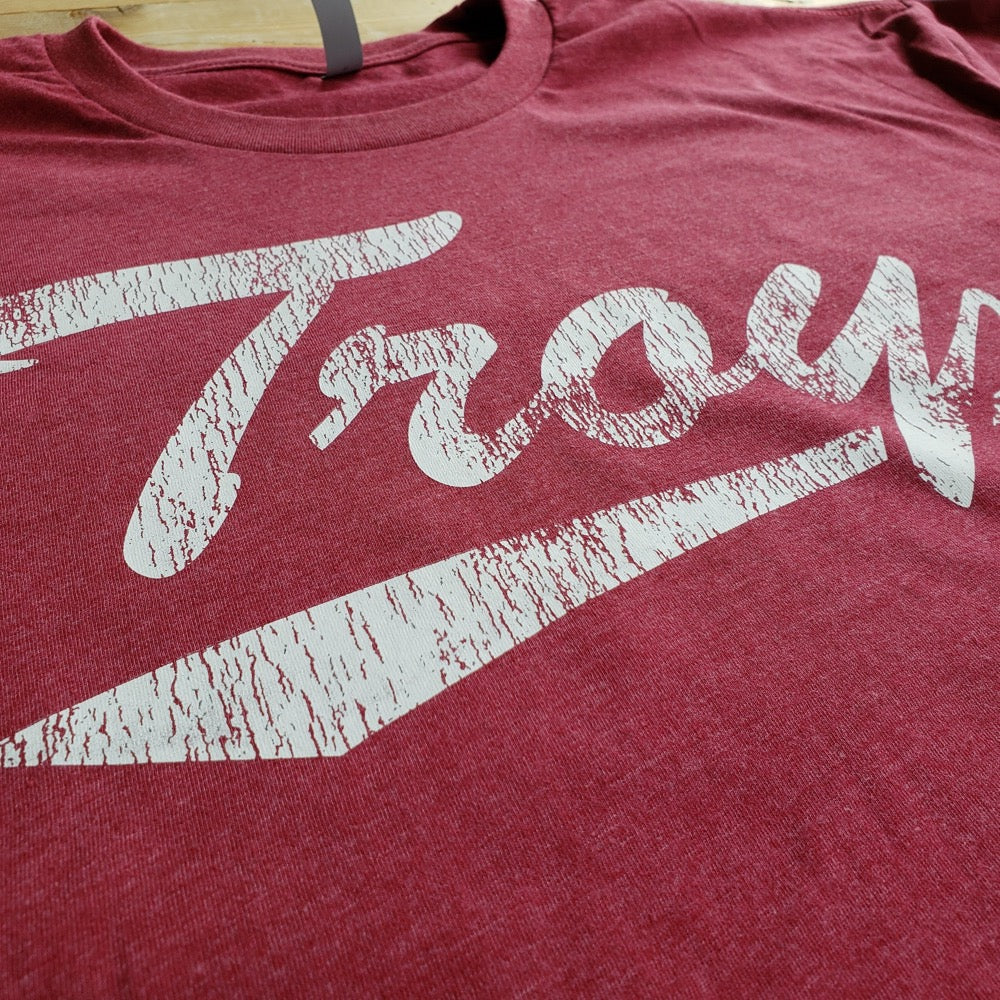 Troy University Trojans Script Logo Unisex T-shirt (Heather Cardinal)