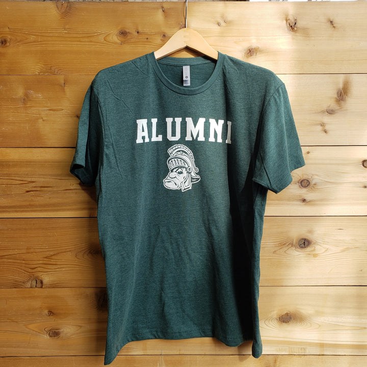 Green Michigan State Gruff Sparty alumni t shirt hanging on a hanger