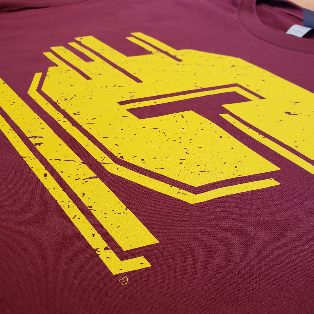 Central Michigan University Chippewas Flying C T-shirt (Gold on Maroon)