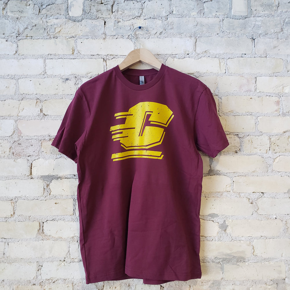 Central Michigan University Chippewas Flying C T-shirt (Gold on Maroon)