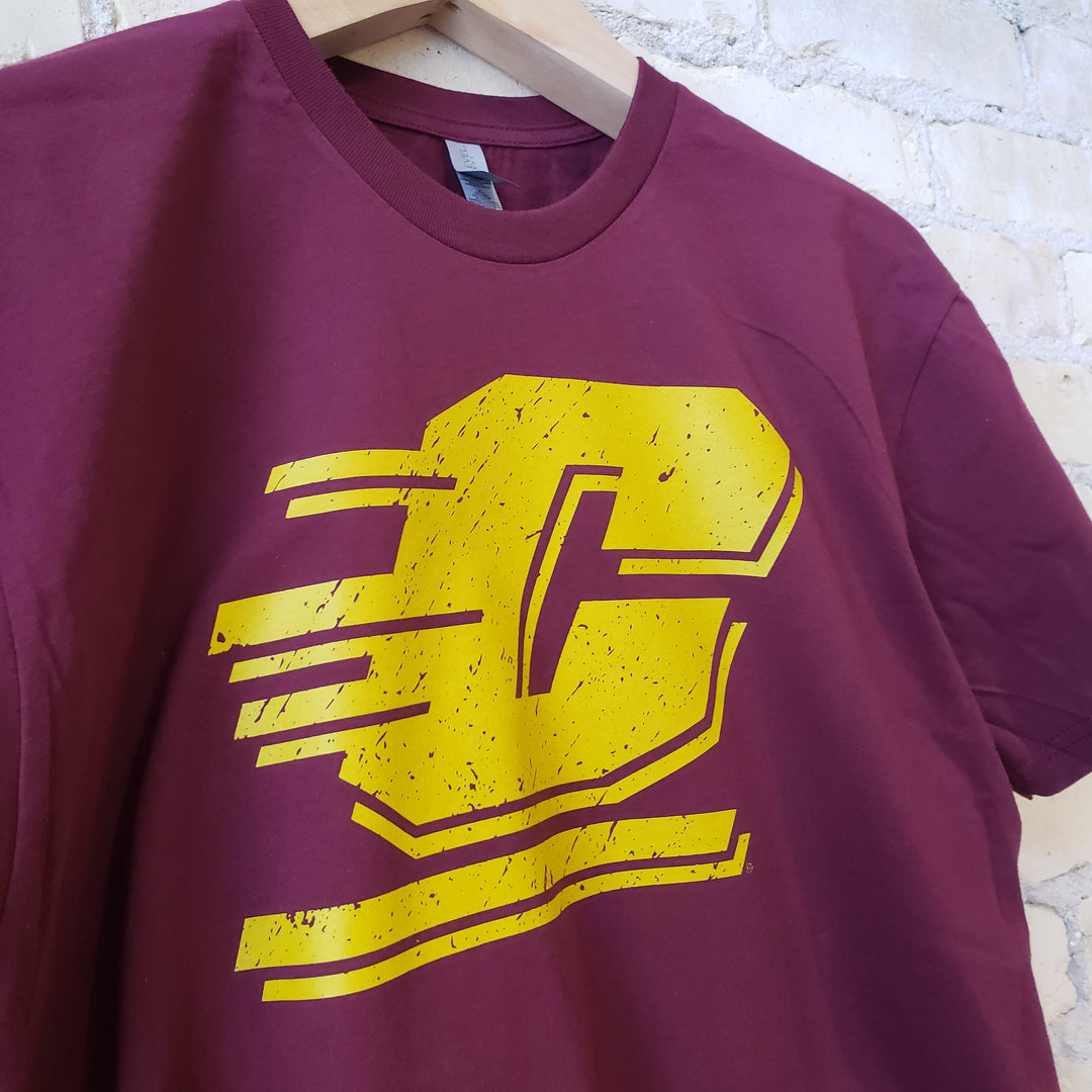 Central Michigan University Chippewas Flying C T-shirt (Gold on Maroon)