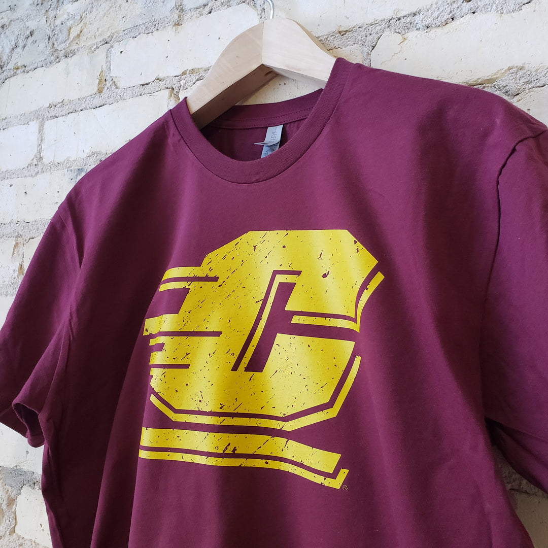 Central Michigan University Chippewas Flying C T-shirt (Gold on Maroon)