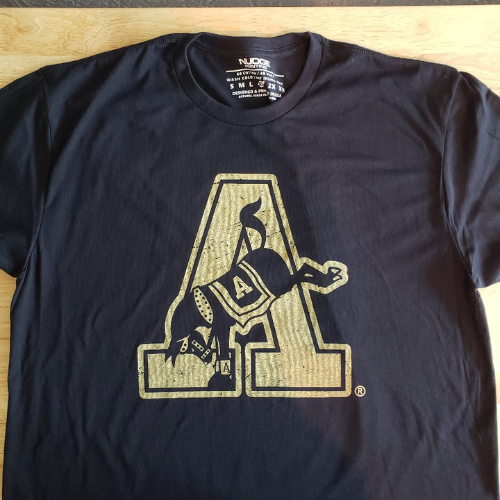 Gold Kicking Mule Design on a Black 100% Cotton T-shirt for West Point Army