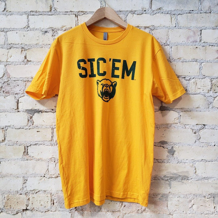 Baylor University Gold T-shirt with Green Text Sic "Em