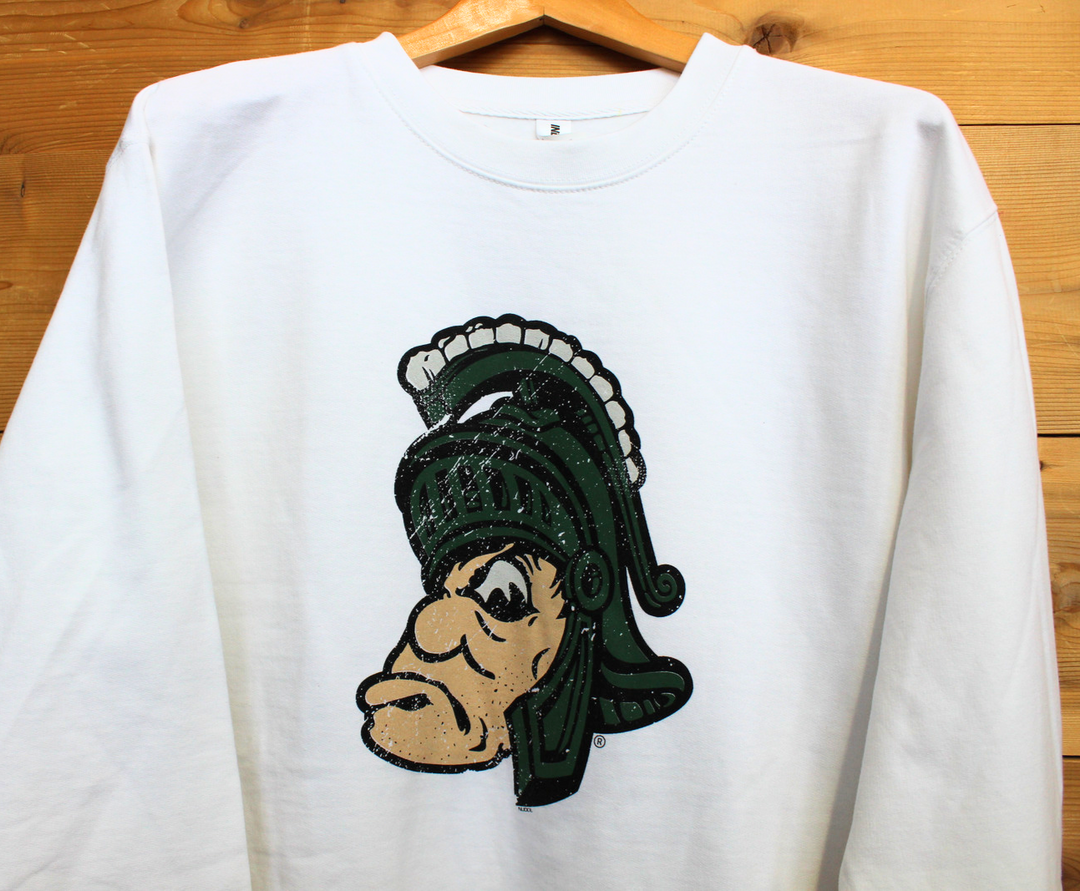 White MSU Michigan State Gruff Sparty Full Color Crewneck Sweatshirt Pullover  Edit alt text