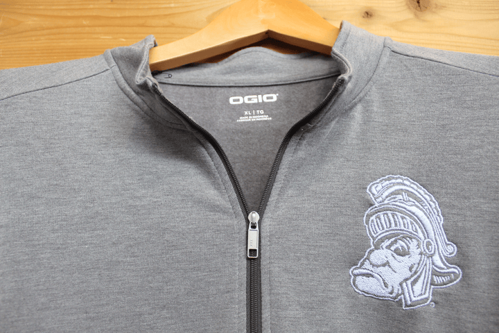 Michigan State University Embroidered Gruff Sparty Grey OGIO Quarter Zip Pullover - Unisex  Edit alt text