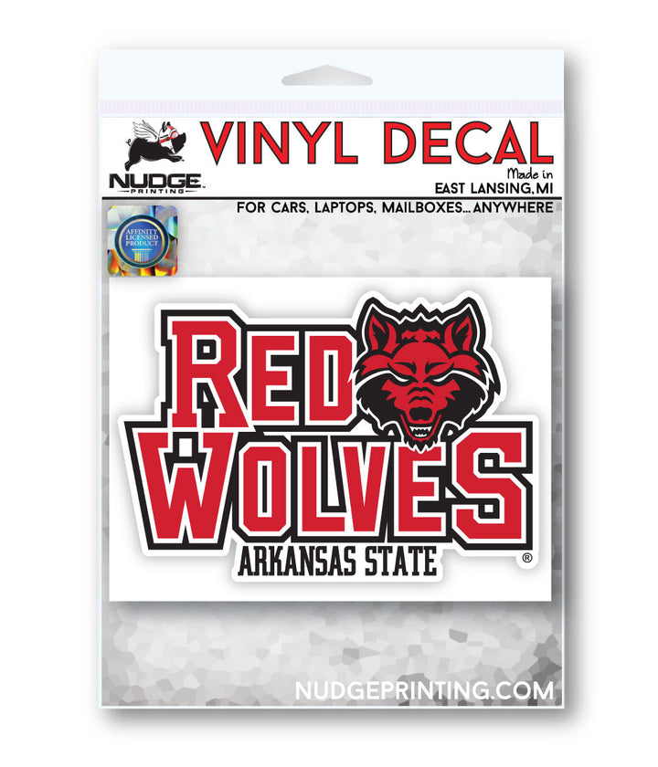 Red, White, and Black "Red Wolves" with Wolf Head Arkansas State University Decal