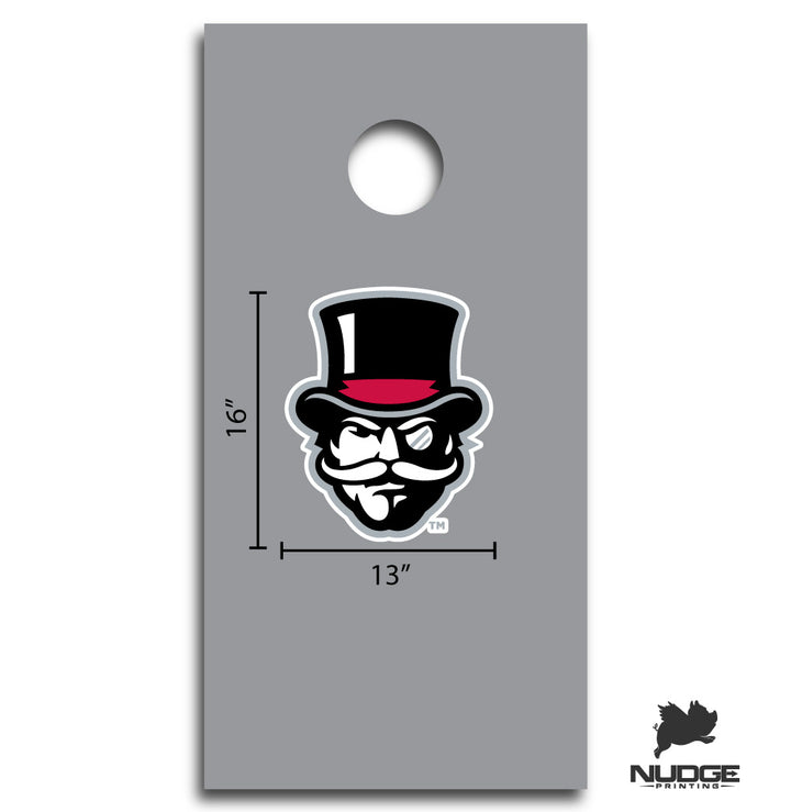 Austin Peay State University Red, White, Grey, and Black Mascot Head Decal for Cornhole