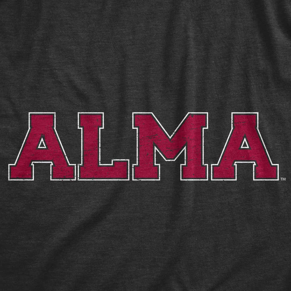 Alma College maroon font on grey shirt