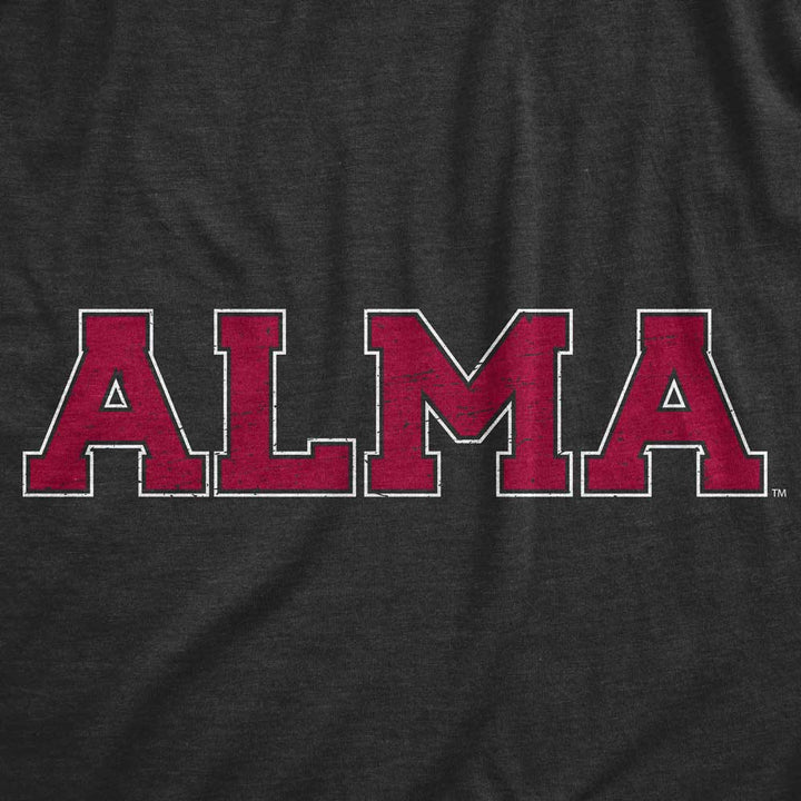 Alma College maroon font on grey shirt