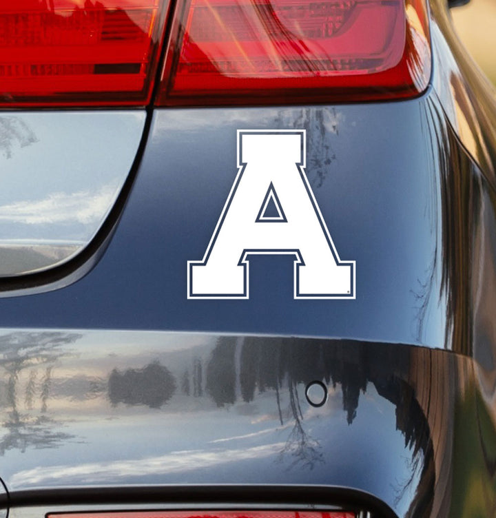 Alma Scot White A Block Decal on Back of Car