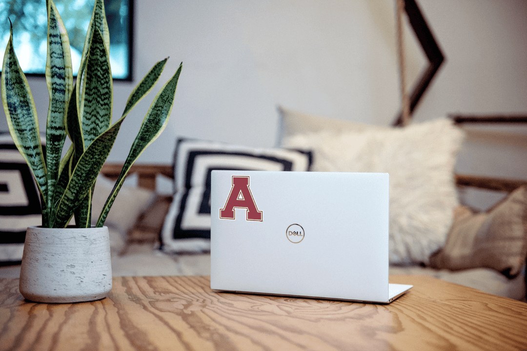 Alma Scot Block "A" Maroon and White Sticker on Computer