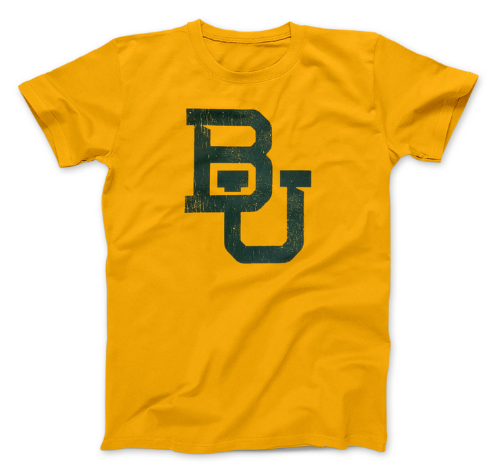 Baylor Bears "BU" Green Text on Gold T-shirt