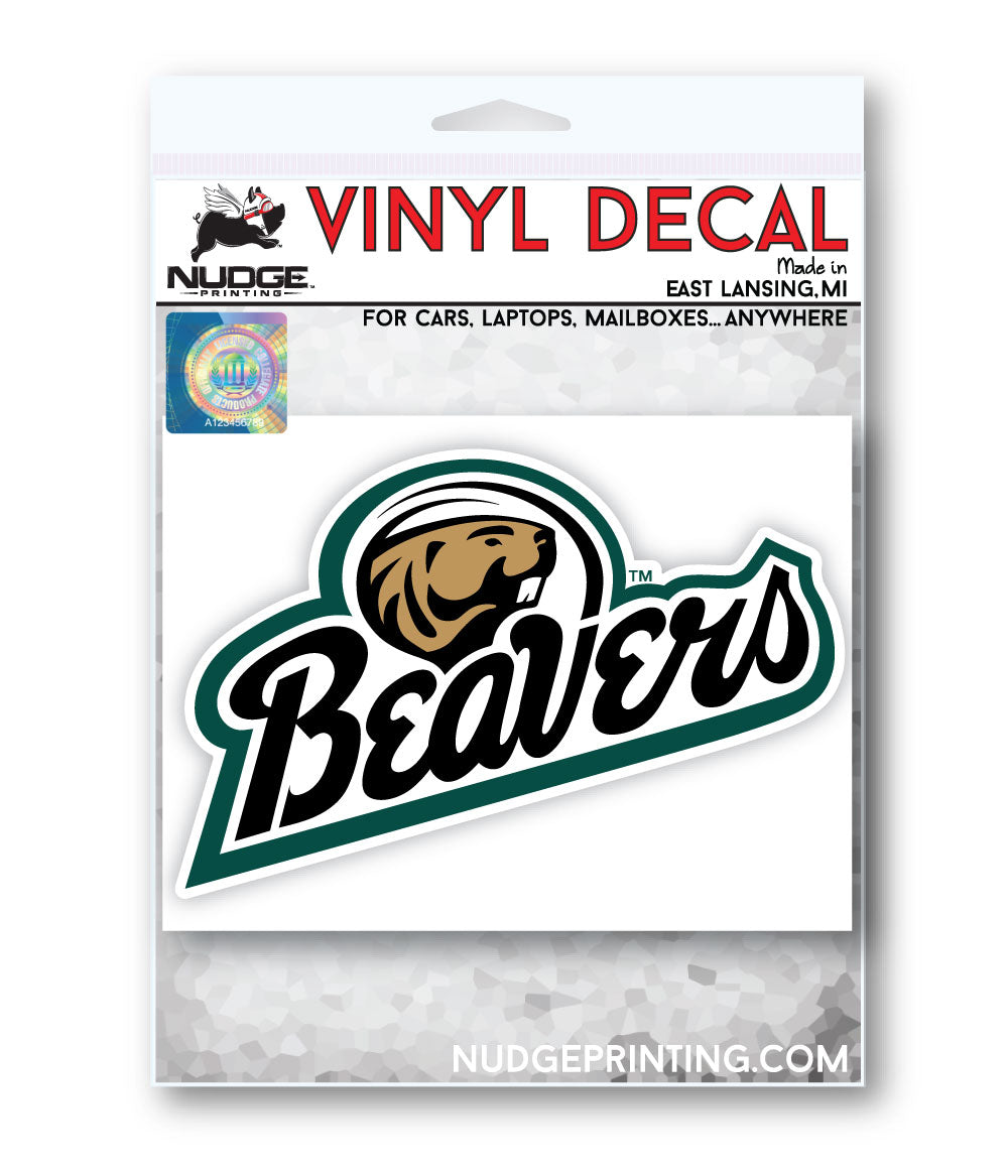 Bemidji State Green Brown White and Black Car Decal with Beaver Mascot