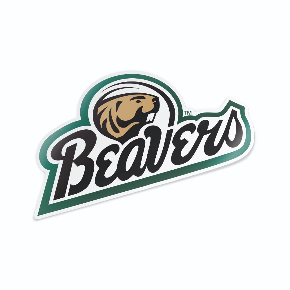 Green, black, and white text with Bucky the Beaver Bemidji Corn Hole Decal