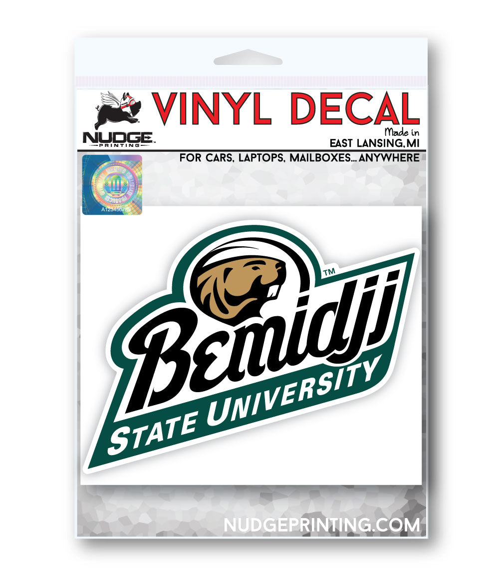 Bemidji State University text with Beaver combo logo decal