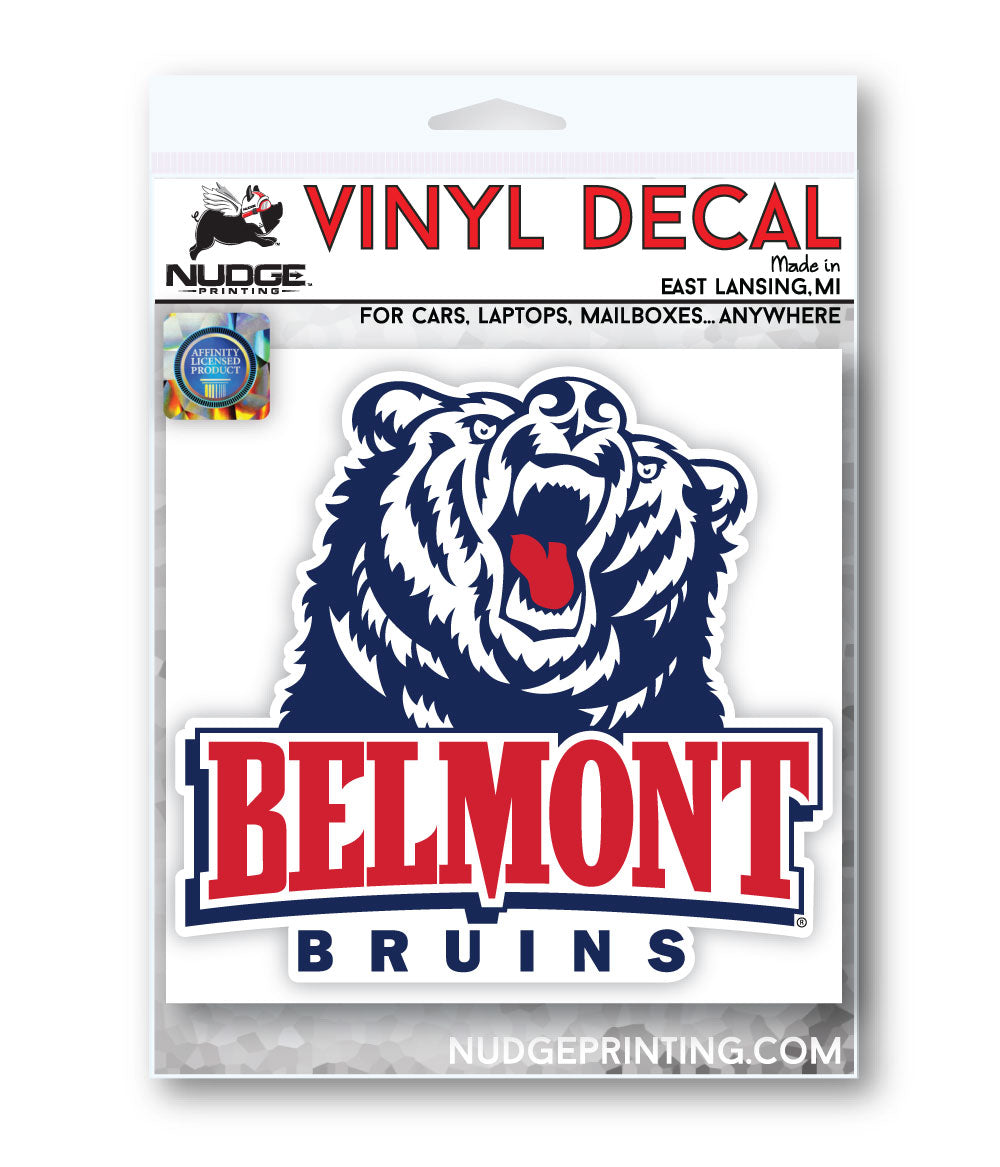 Red, Blue, and White Bear Head with Belmont Bruins Text Decal