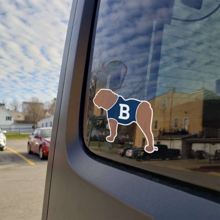 Blue the Bulldog Butler University Brown, Blue, and White Decal on Back of Car