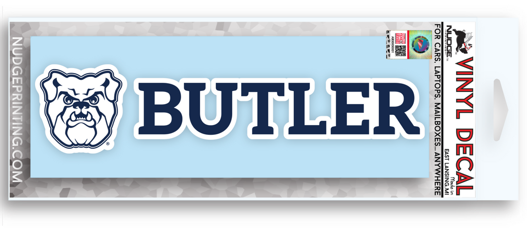 Blue the Bulldog with "Butler" Text Design Decal for Car, Computer, or Water Bottle