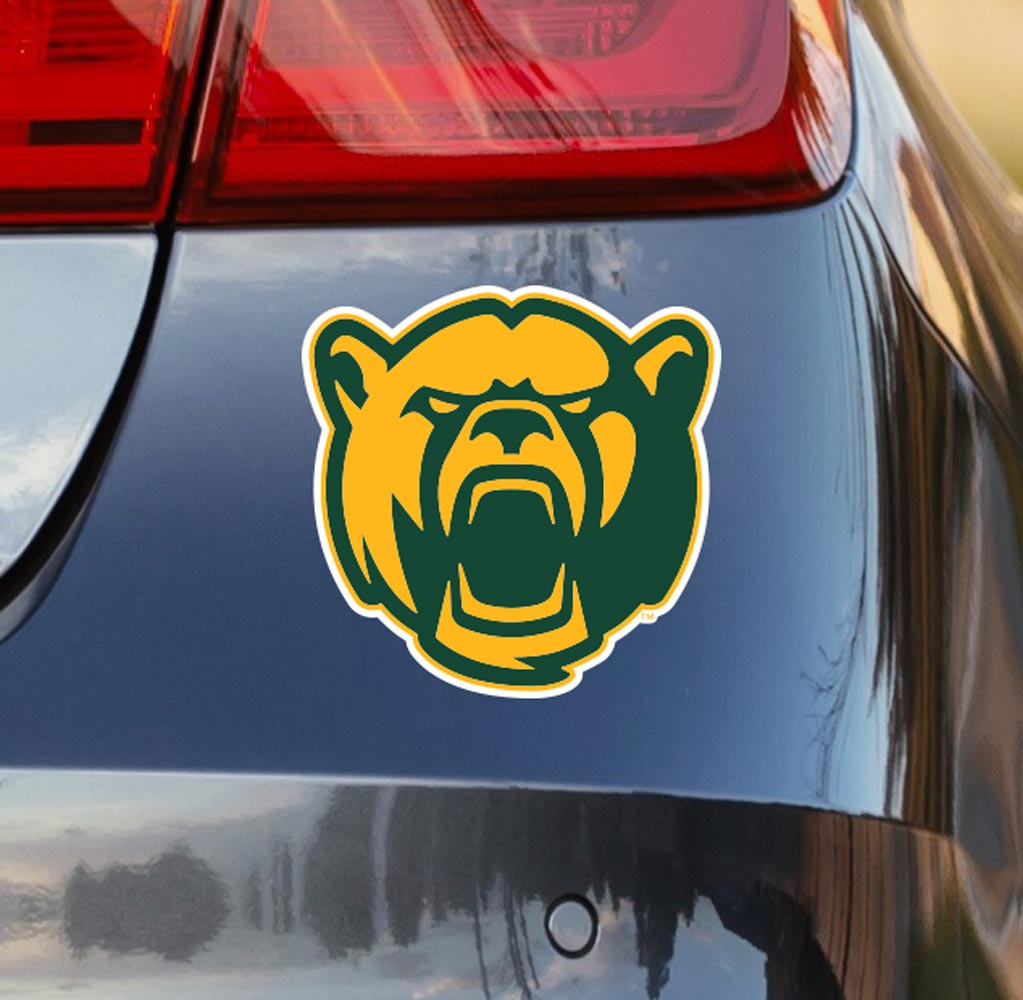 Gold and Green Baylor Bear Decal on Back of Car