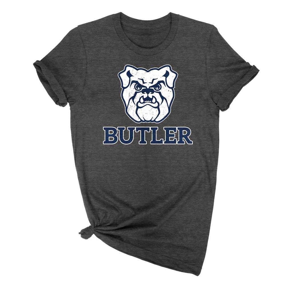 Butler Bulldog with "Butler" Wordmark Logo on Charcoal Super Soft T-shirt