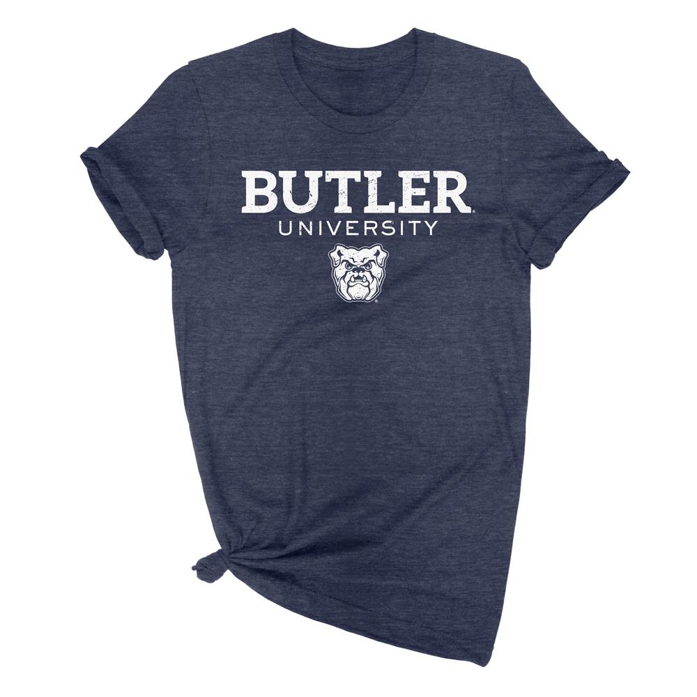 Butler University Wordmark Design with Bulldog Logo printed on Navy high quality shirt