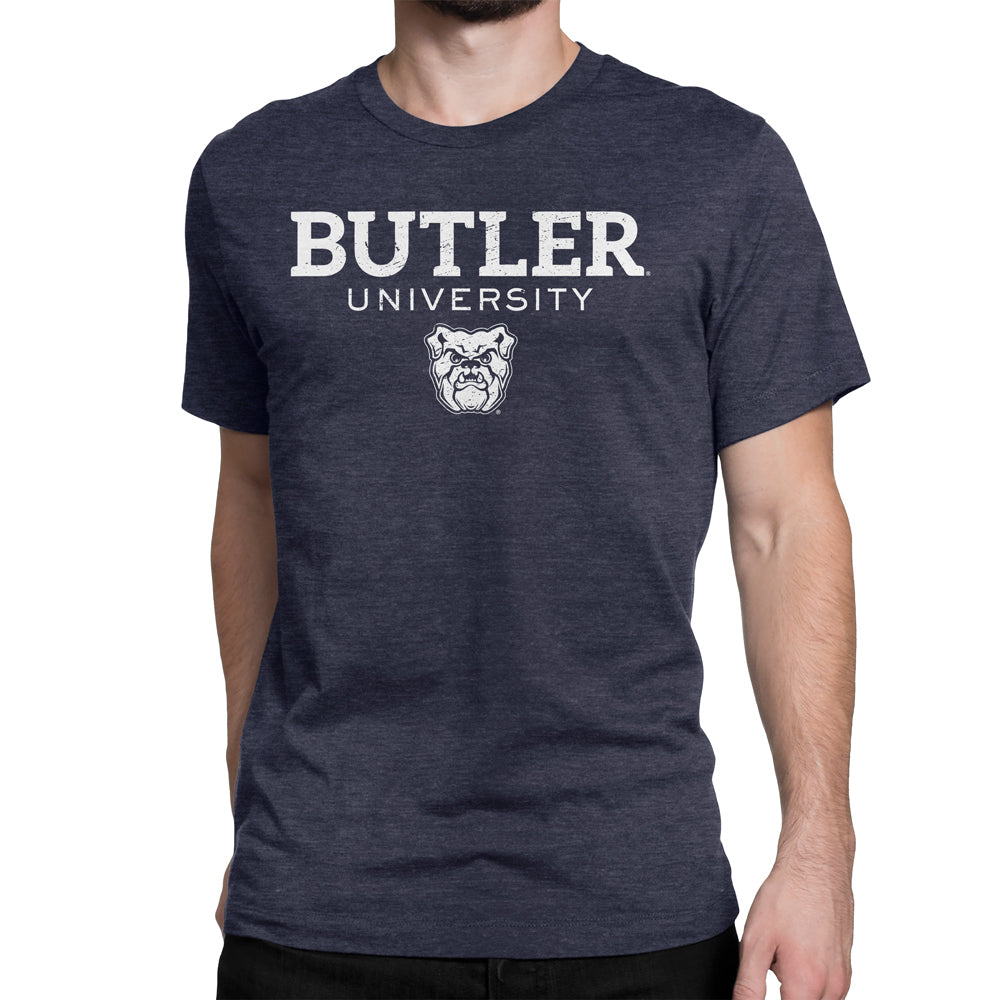 White Butler University and Bulldog Combo Logo Printed on Super Soft Navy T-shirt