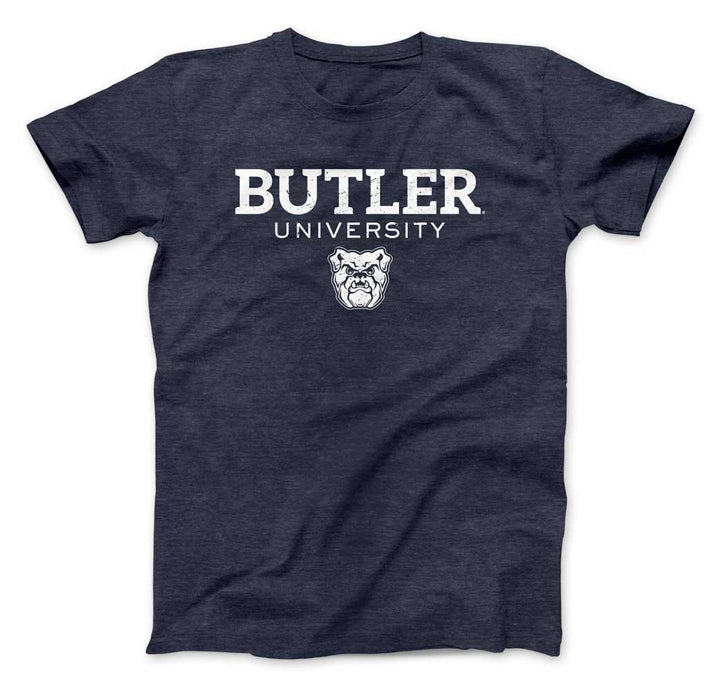 Butler University Wordmark over Bulldog T-shirt (White on Navy) - Nudge Printing